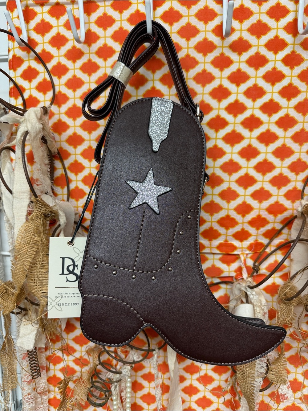 Brown Cowboy Boot Crossbody Bag with Silver Star